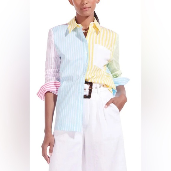 Staud NWT Martha Multicolor Mixed Stripe Stretch Cotton Button-up Shirt Size M - Picture 3 of 12